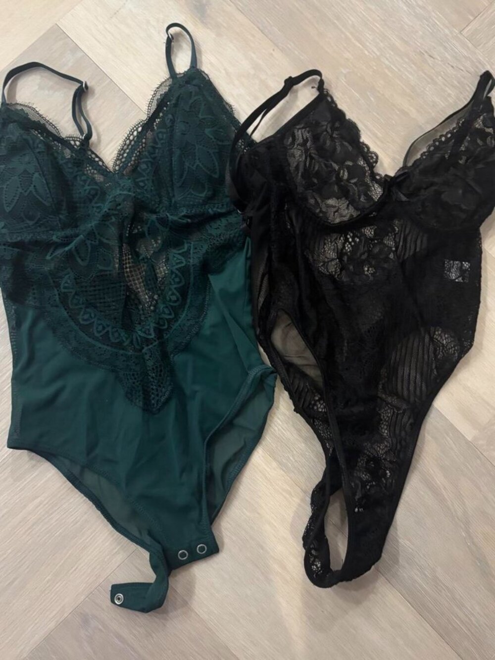 set of two lace green and black bodysuit bundle